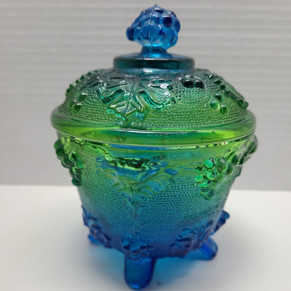 Vintage Jeanette blue/green footed grape leaf glass candy dish w/ lid Capote - Picture 8 of 16